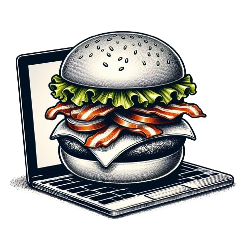 A stylized logo of a burger with lettuce, tomato, bacon, cheese, and a sesame seed bun sitting on top of a laptop keyboard. Bacon, lettuce, and tomato, are illustrated with vivid colors, emphasizing the layers and ingredients. The laptop underneath is drawn in a monochromatic style, with a classic design that includes a visible trackpad and keyboard, highlighting a blend of technology and food imagery.