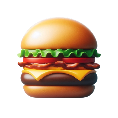 A minimalist and sleek design of a classic hamburger. The logo features a perfectly rounded bun with a glossy top, containing layers of lettuce, a juicy patty, a slice of tomato, bacon, and melted cheese. The colors are soft and pastel-like, giving the logo a modern and clean appearance. The simple yet elegant design focuses on the burger’s shape and proportions, making it instantly recognizable and appealing.