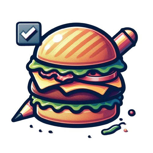 A vibrant and dynamic logo of a burger that also incorporates a pencil. The burger, with visible layers of cheese, lettuce, tomato, bacon, patty, and a patterned bun, is paired with a pencil that runs diagonally through the top bun. The design is cartoonish and colorful, with bold outlines and a slightly exaggerated form, giving it a playful and creative vibe. The background is transparent with small, scattered drawing tools, and there is a checkmark icon in the upper left corner, suggesting a theme of creativity and completion.